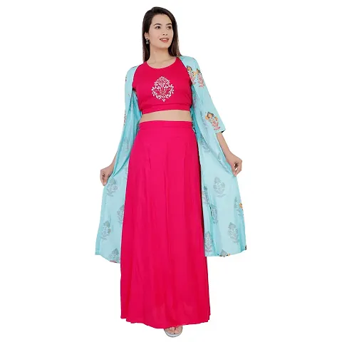 KRATI CREATIONS Rayon Embroidered Crop Top Bottom Skirt & Shrug for Girls & Women - Pink And Sky Blue