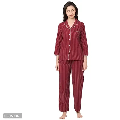 MYSTERE PARIS Classic Striped Pyjama Set Sleepwear Cotton Maroon J558E
