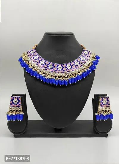 Ethnic Indian Traditional Jewellery Kundan Choker Necklace Earring Maang Tikka Set for Women Girls (BLUE)-thumb0