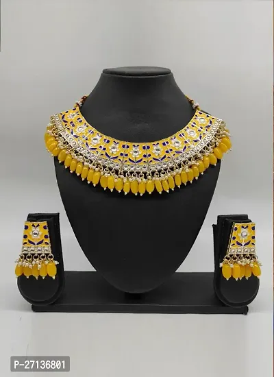 Ethnic Indian Traditional Jewellery Kundan Choker Necklace Earring Maang Tikka Set for Women Girls (YELLOW)-thumb0