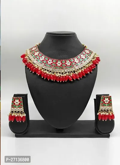 Ethnic Indian Traditional Jewellery Kundan Choker Necklace Earring Maang Tikka Set for Women Girls (RED)-thumb0