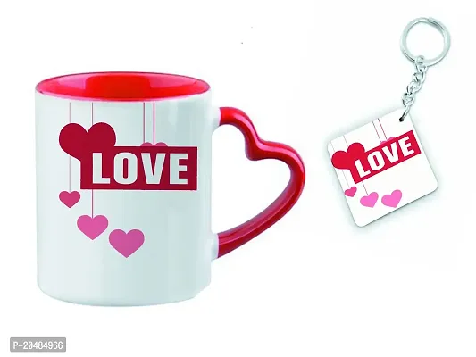 Giftsone Valentines Day and Love Printed Ceramic Coffee Mug with Wooden Keychain, Best Valentines Day Gift for Her, Wife, Husband, Boyfriend, Girlfriend (325 ml) (Mug-021)-thumb0