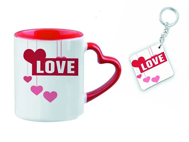 Giftsone Valentine Gift Set Printed Ceramic Coffee Mug with Keychain Gift for Husband, Wife, Boyfriend, Girlfriend (325 ml)