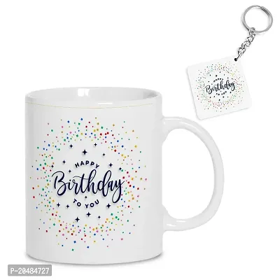 GIFTSONE Happy Birthday Printed White Coffee Mug with Wooden Squire Shape Keychain Combo- Coffee Mug for Birthday Gift for Friend- 325ml, Mug-001