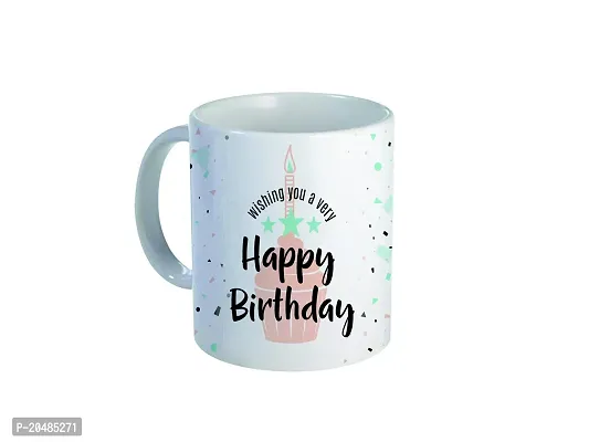 Giftsone Happy Birthday Printed White Coffee Mug with Wooden Squire Shape Keychain Combo- Coffee Mug for Birthday Gift for Friend- 325ml, Mug-003