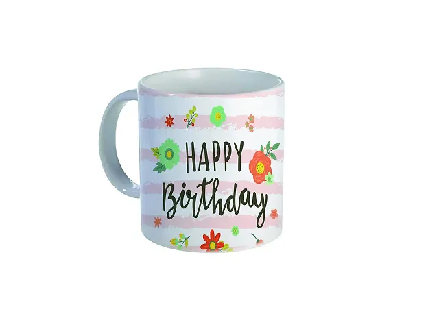 mGift Once 'Happy Birthday' Printed Coffee Mug with Heart Shape Handle /Happy Birthday Printed Keychain / Best for Birthday Gifts/Coffee Mug with A Keychain