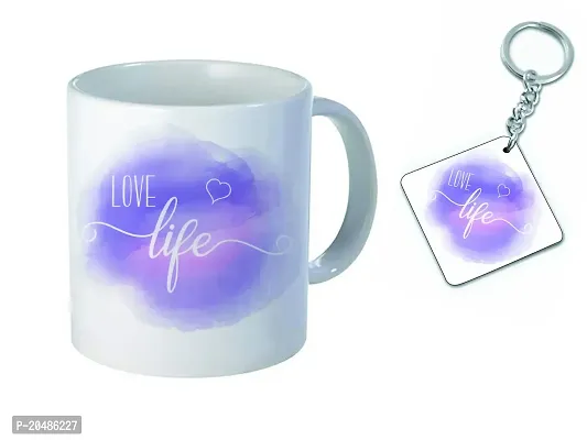 GIFTSONE Love Life Printed Ceramic Coffee Mug with Printed Keychain - Best Valentines Day Gift for Wife, Husband, Boyfriend, Girlfriend, Best Valentines Day Gift for her (325 ml, Mug-028)