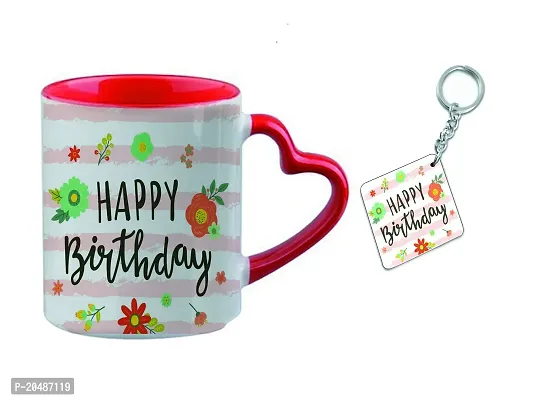 mGift Once 'Happy Birthday' Printed Coffee Mug with Heart Shape Handle /Happy Birthday Printed Keychain / Best for Birthday Gifts/Coffee Mug with A Keychain (MGMUG30_Orange)-thumb2