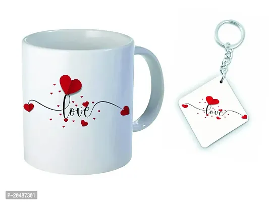 GIFTSONE Love Printed Ceramic Coffee Mug with Printed Keychain - Best Valentines Day Gift for Wife, Husband, Boyfriend, Girlfriend, Best Valentines Day Gift for her (325 ml, Mug-029)-thumb0