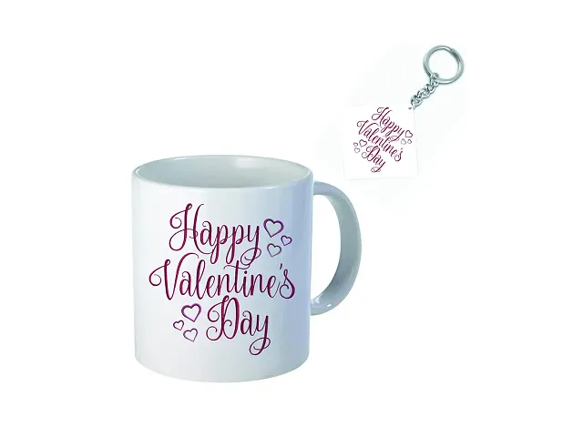 Giftsone Valentines Day Gift, Gift for Wife, Husband, Best Valentines Day Gift for her, Valentines Day Printed Ceramic Coffee Mug with Wooden Keychain (325 ml)