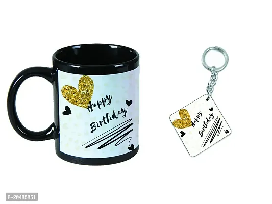 mGift Once Happy Birthday Printed Black Ceramic Coffee Mug / Birthday Gift for Friends  Relatives /Coffee Mug with a Printed Keychain-thumb2