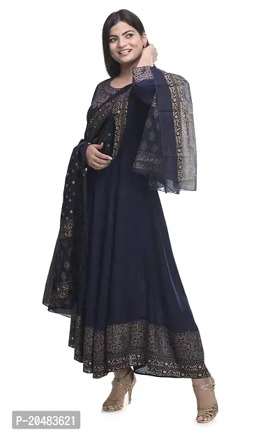 Man Fabric Women's Rayon Embroidered Work Full Stitched Gown || Anarkali Kurta with Dupatta || Rayon Indian Women Kurti (Nevy Blue) (L)-thumb5