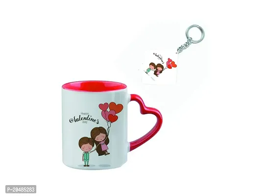 Giftsone Valentines Day and Love Printed Ceramic Coffee Mug with Wooden Keychain, Best Valentines Day Gift for Her, Wife, Husband, Boyfriend, Girlfriend (325 ml) (Mug-031)