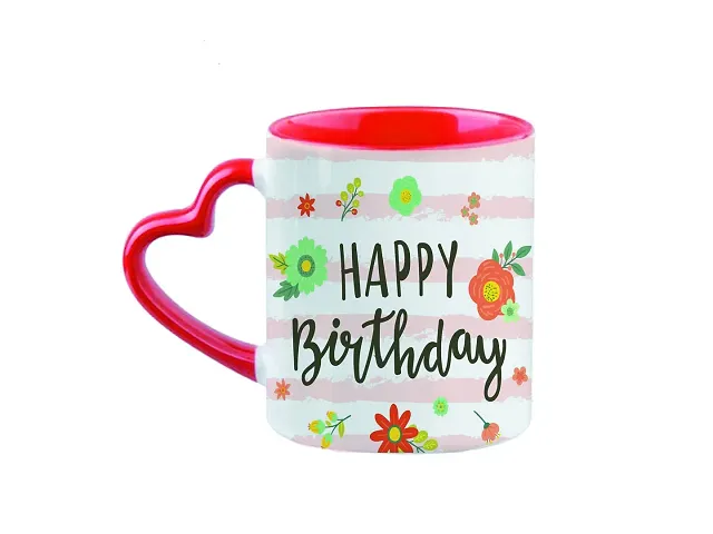 Giftsone Happy Birthday Printed Coffee Mug with Keychain, Printed Ceramic Heart Handle Coffee Mug Gift for Birthday (325 ml)