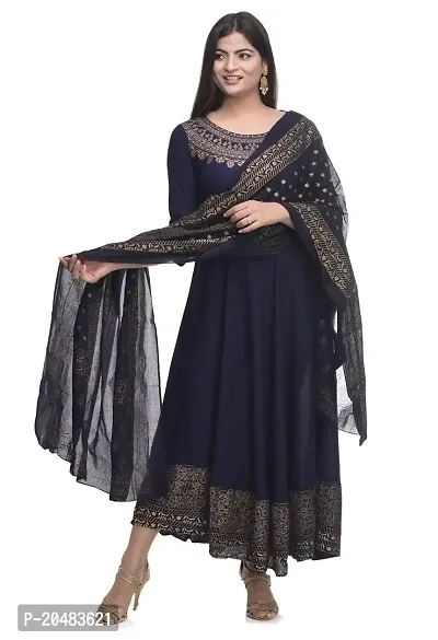 Man Fabric Women's Rayon Embroidered Work Full Stitched Gown || Anarkali Kurta with Dupatta || Rayon Indian Women Kurti (Nevy Blue) (L)-thumb0