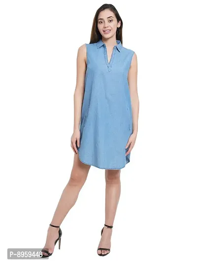 9 Impression Women Blue Collared Denim Dress with Pocket-thumb0