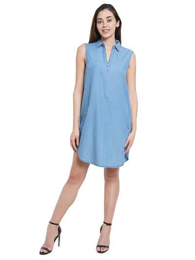 9 Impression Women Blue Collared Denim Dress with Pocket