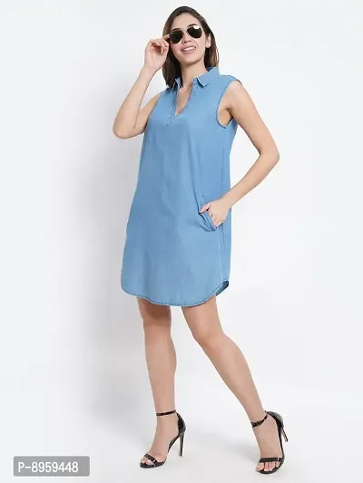 9 Impression Women Blue Collared Denim Dress with Pocket-thumb5
