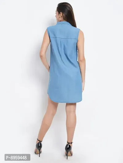 9 Impression Women Blue Collared Denim Dress with Pocket-thumb3