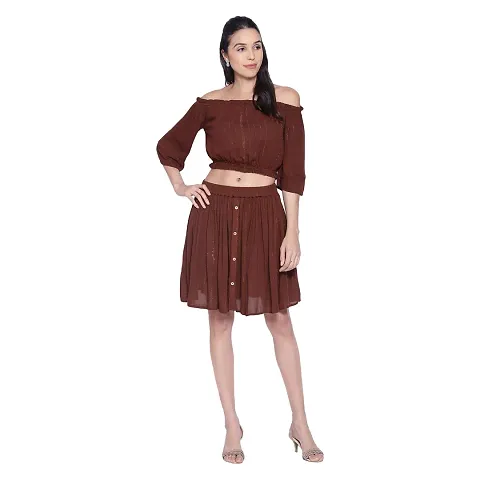 9 Impression Women's Off Shoulder Crop Tops & Skirts Set (Brown; X-Small)