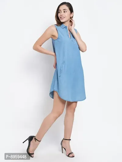 9 Impression Women Blue Collared Denim Dress with Pocket-thumb2