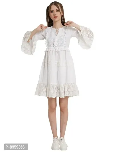 9 Impression Women Cotton Embroidered Gathered Pom Pom A-Line Dress (White;L)