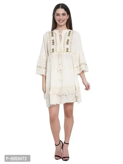 9 Impression Women Cotton Off-White Gathered Pom Pom A-Line Dress-thumb0