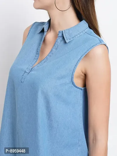 9 Impression Women Blue Collared Denim Dress with Pocket-thumb4