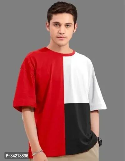 Stunnning Red Cotton Colourblocked Round Neck Tees For Men