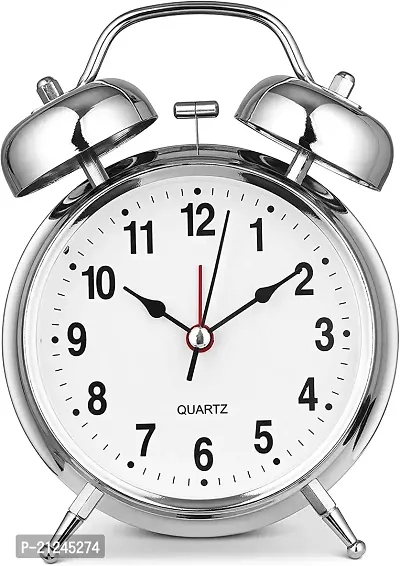 Bhadani Sales Products Analog Alarm Clock Twin Bell Silver, Extra Loud Quartz Battery Operated with Backlight, Silent Non-Ticking for Bedside Desk, Vintage Retro Antique Old School-thumb3