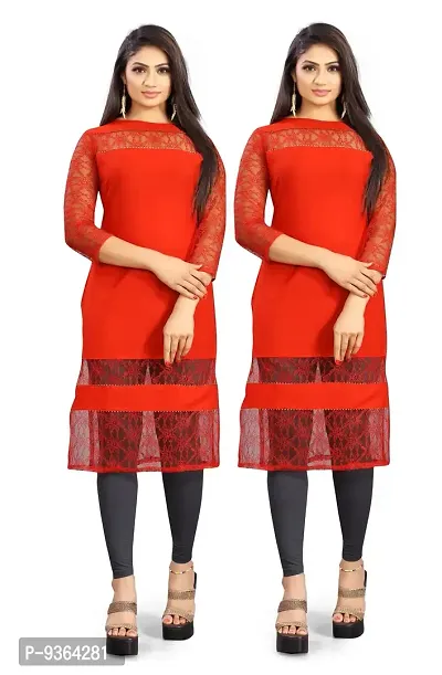 Beautiful American Crepe Floral Design Net With Samosa Lace Work Kurti Pack Of 2-thumb0