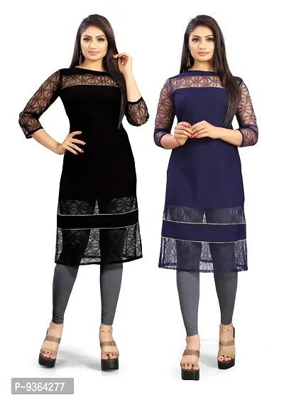 Beautiful American Crepe Floral Design Net With Samosa Lace Work Kurti Pack Of 2