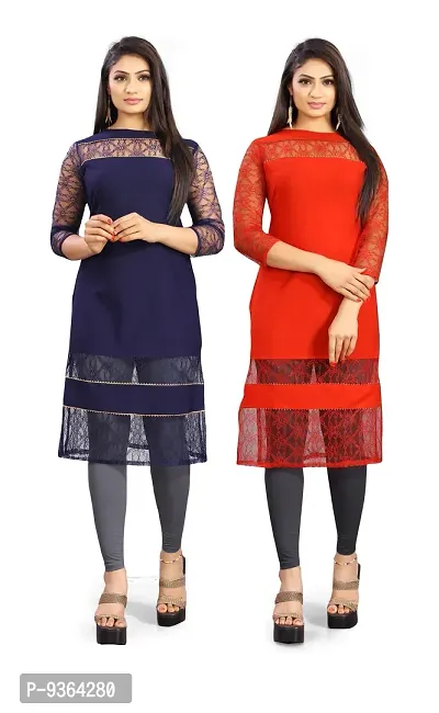 Beautiful American Crepe Floral Design Net With Samosa Lace Work Kurti Pack Of 2
