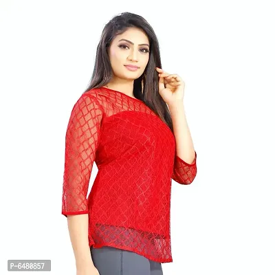 Stylish American Crepe And Rassal Net Round Neck 3/4 Sleeves Top For Women-thumb2