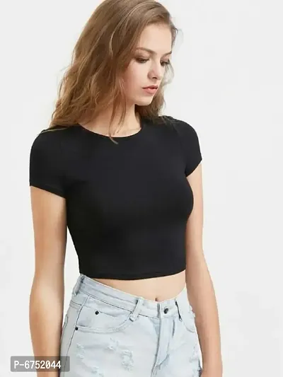 Stylish Cotton Blend Short Sleeves Round Neck Solid Black Hosiery Crop Top-thumb0
