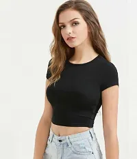 Stylish Cotton Blend Short Sleeves Round Neck Solid Black Hosiery Crop Top-thumb1