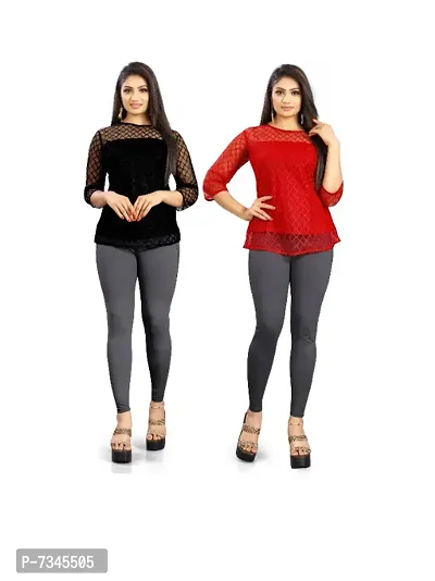 Stylish Crepe Net Self Design Crop Tops For Women And Girls- Pack Of 2-thumb0