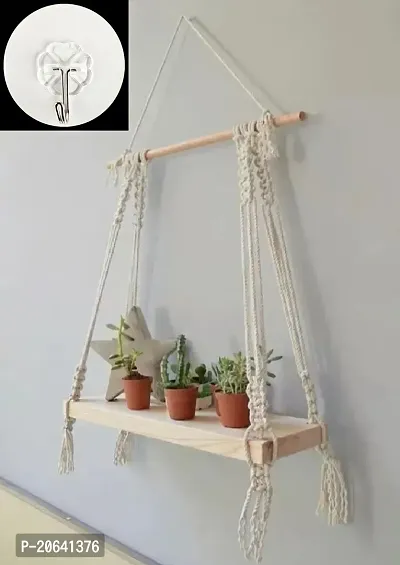 Macrame Wall Hanging Self Wood Floating With Hook (White-thumb0