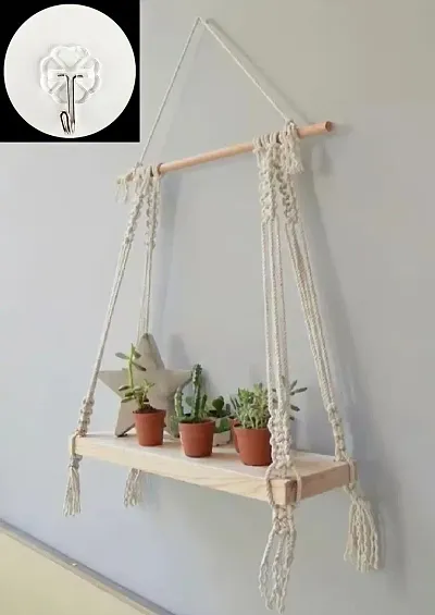 Macrame Wall Hanging Self Wood Floating With Hook (White