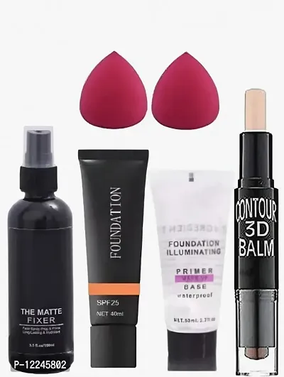 NEW MAKEUP COMBO PACK OF FIXER WITH FOUNDATION PRIMER GEL TUBE 3D CONTOUR STICK AND 2PCS PUFFS