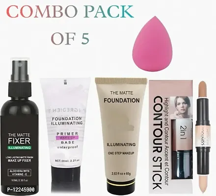 COMBO PACK OF MAKEUP FIXER PRIMER GEL TUBE FOUNDATION TUBE AND 3D CONTOUR STICK AND 1PUFF