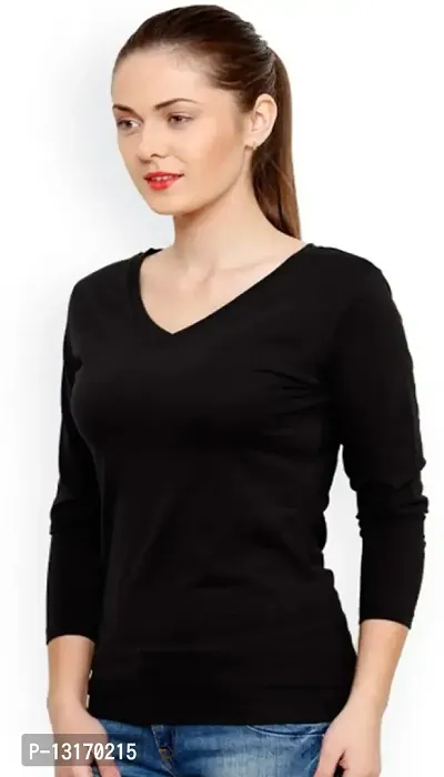 Womens Black Cotton V Neck 3/4 Sleeves T-shirt-thumb4