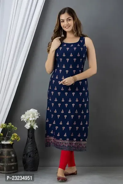 DKM Creation Rayon Printed Straight Sleeveless Kurti, Navy Blue, M-thumb3