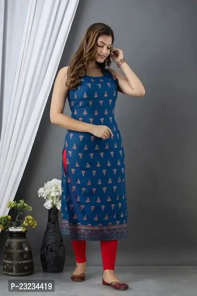 DKM Creation Rayon Printed Straight Sleeveless Kurti, Blue-thumb2