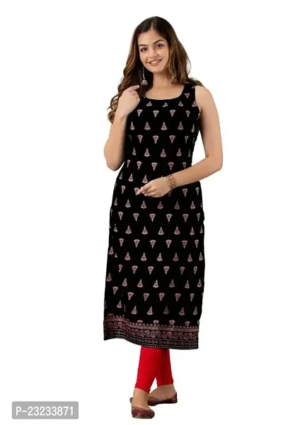 DKM Creation Rayon Printed Straight Sleeveless Kurti, Black