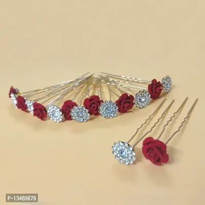 PRODUCTMINE? Bridal Hair Bun Pin Accessories/Fancy Golden Juda Pins with Artificial Red Rose and Clear Rhinestone for Women and Girls - Set of 16 PCs-thumb0