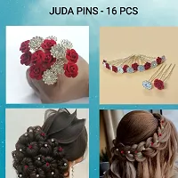 PRODUCTMINE? Bridal Hair Bun Pin Accessories/Fancy Golden Juda Pins with Artificial Red Rose and Clear Rhinestone for Women and Girls - Set of 16 PCs-thumb1