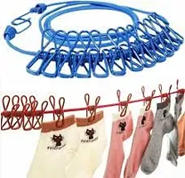 Clothes Drying Ropes with Hook 12 Clips, Elastic Cloth Hanging Rope for Drying Steel Retractable Clothesline(MULTICOLOR)-thumb1