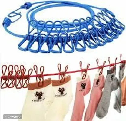 Clothes Drying Ropes with Hook 12 Clips, Elastic Cloth Hanging Rope for Drying Steel Retractable Clothesline(MULTICOLOR)-thumb2