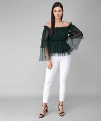 absorbing Women Net Off-Shoulder Dark Green Top-thumb1